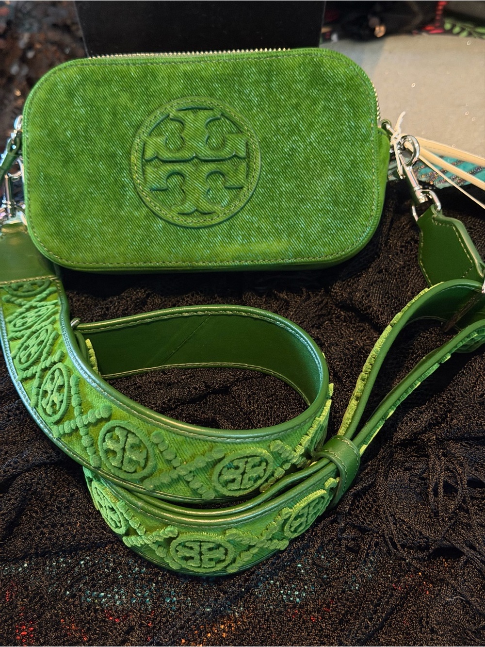 Stunning Emerald Green Tory Burch Crossbody Mini Flocked Bag